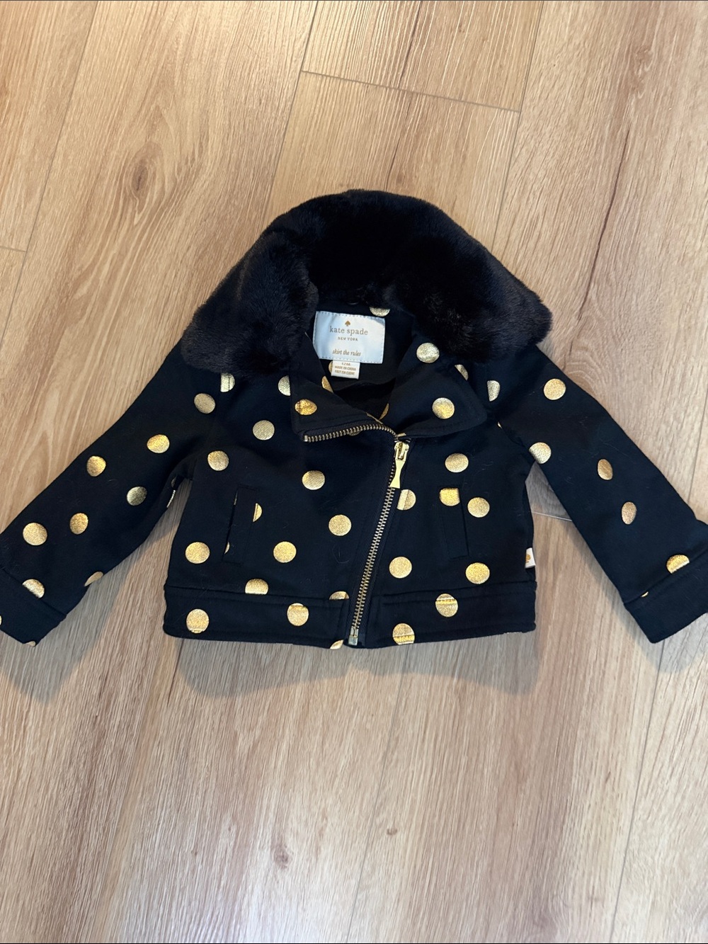 kate spade Black Jacket with Gold Polka Dots and Faux-Fur Collar Sz 12 mos